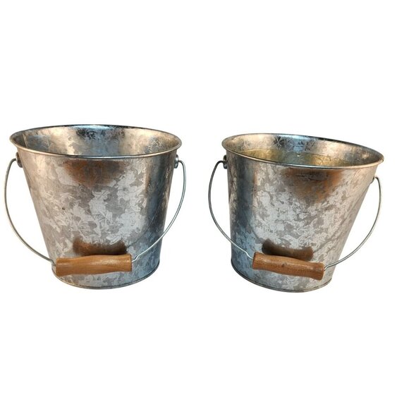 Galvanized Tin Buckets With Wooden Handles For Decorative & Functional Use Set O - Picture 1 of 6